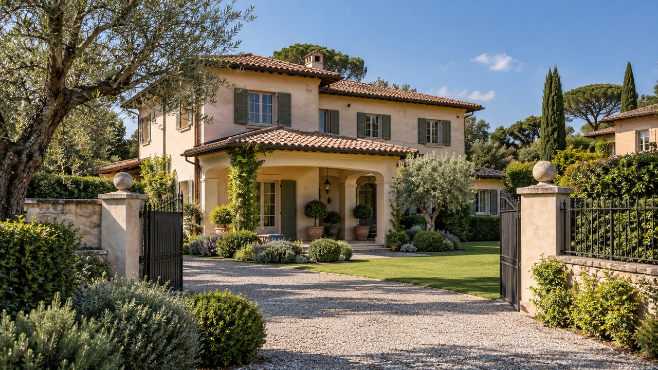Illustrazione generata dall’IA di una villa suburbana con giardino proporzionato ispirata all’Olgiata