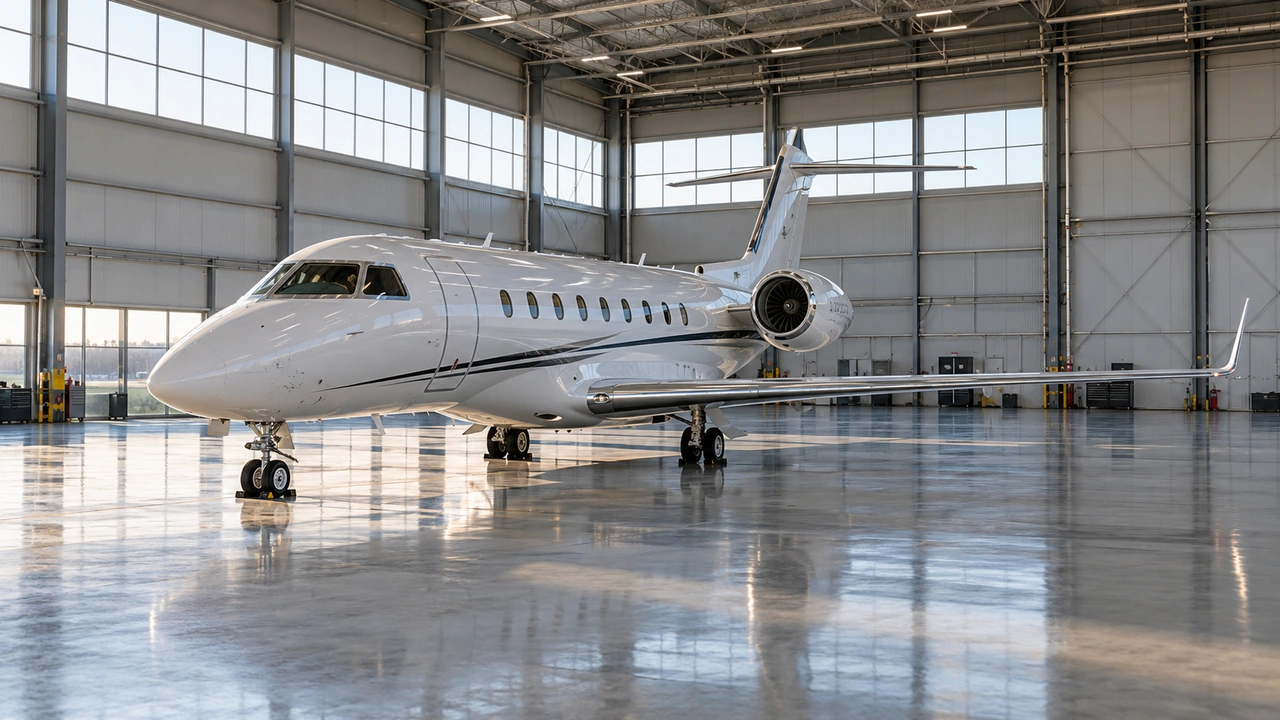 Un jet d'affaires fictif à l'intérieur d'un hangar corporatif spacieux.
