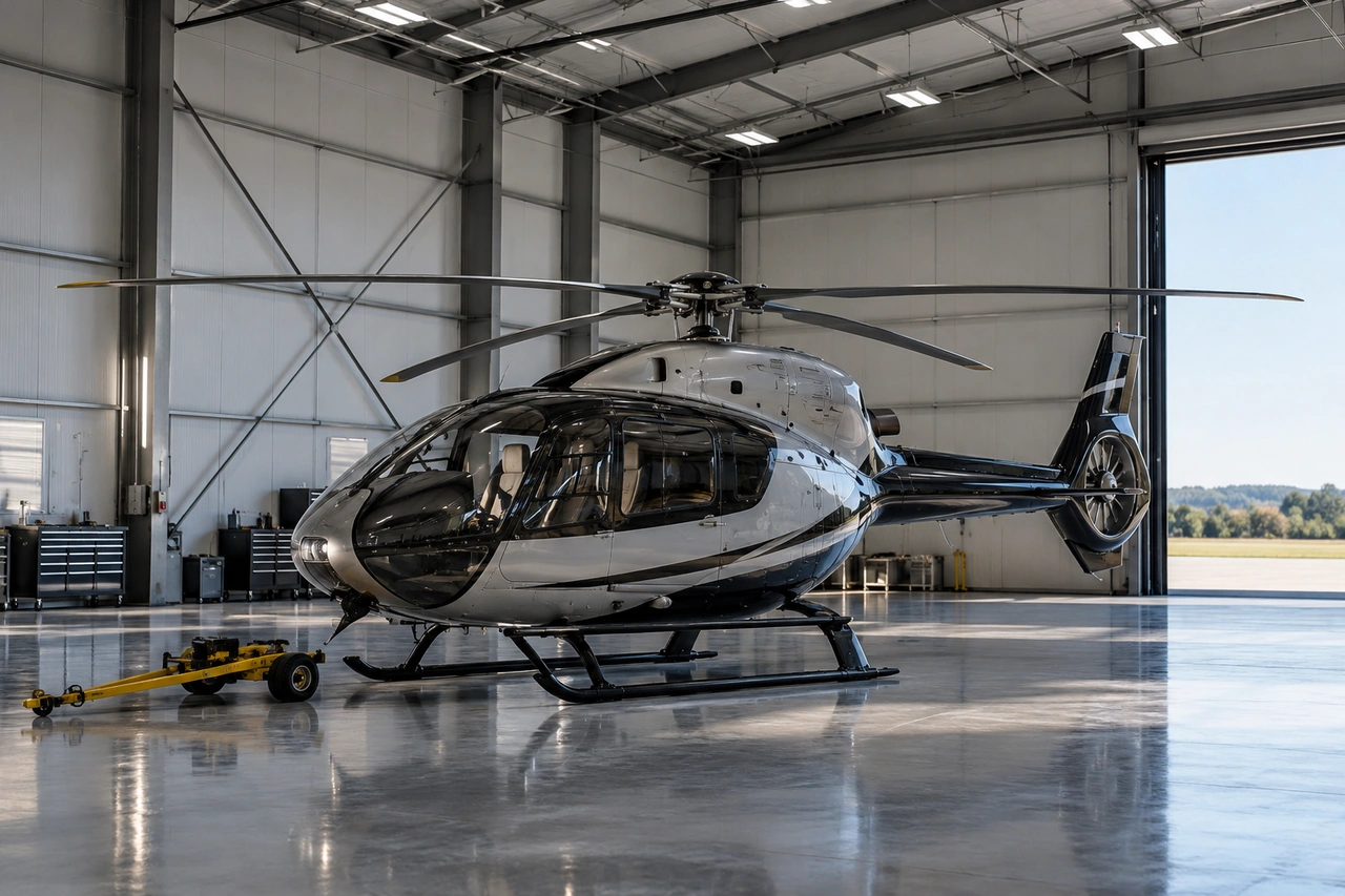 Un hélicoptère fictif à l'intérieur d'un hangar aviation dédié.