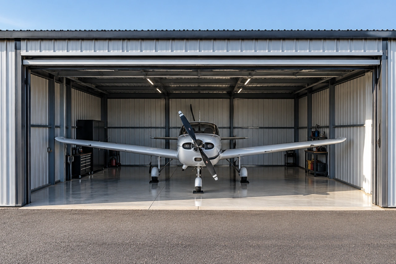 Un petit avion fictif dans un hangar individuel en T.
