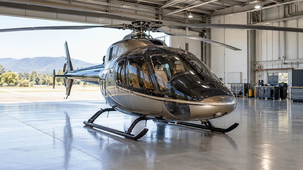 Un détail fictif de stockage d'hélicoptère montrant l'enveloppe du rotor stationné.