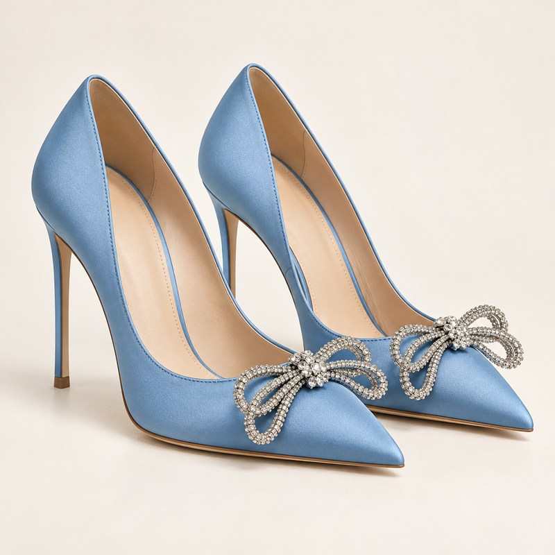 Double Bow Satin Pumps — Ocean Blue — Illustrazione generata con IA
